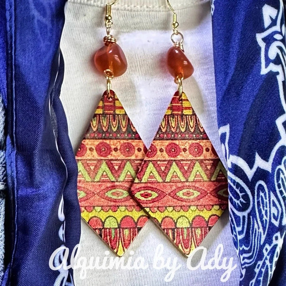 Carnelian gold colorful statement oversized extra long statement earrings wooden - Picture 1 of 2